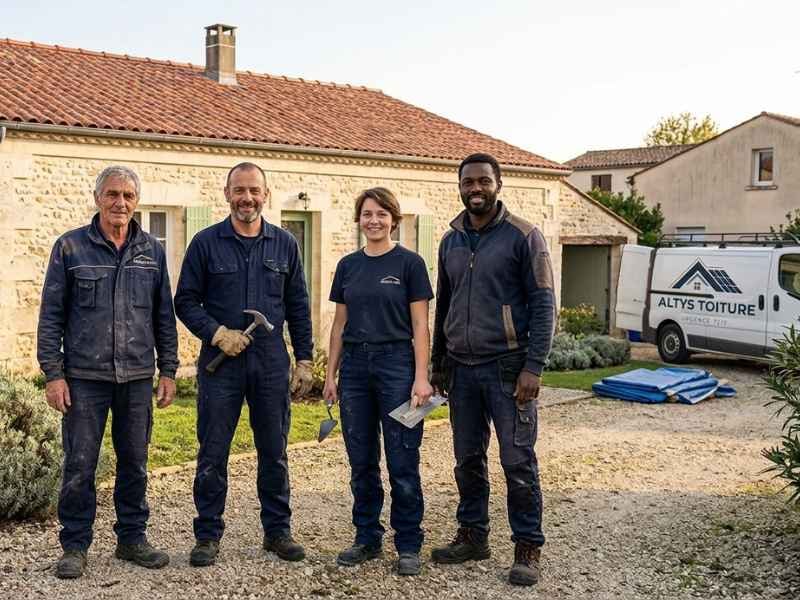 L’équipe d’Altys Toiture Langon devant son fourgon, outils à la main, après une intervention en Sud-Gironde