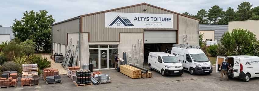 Le local d’Altys Toiture Langon : entrepôt logoté, fourgons, échelles et stock de tuiles et de liteaux